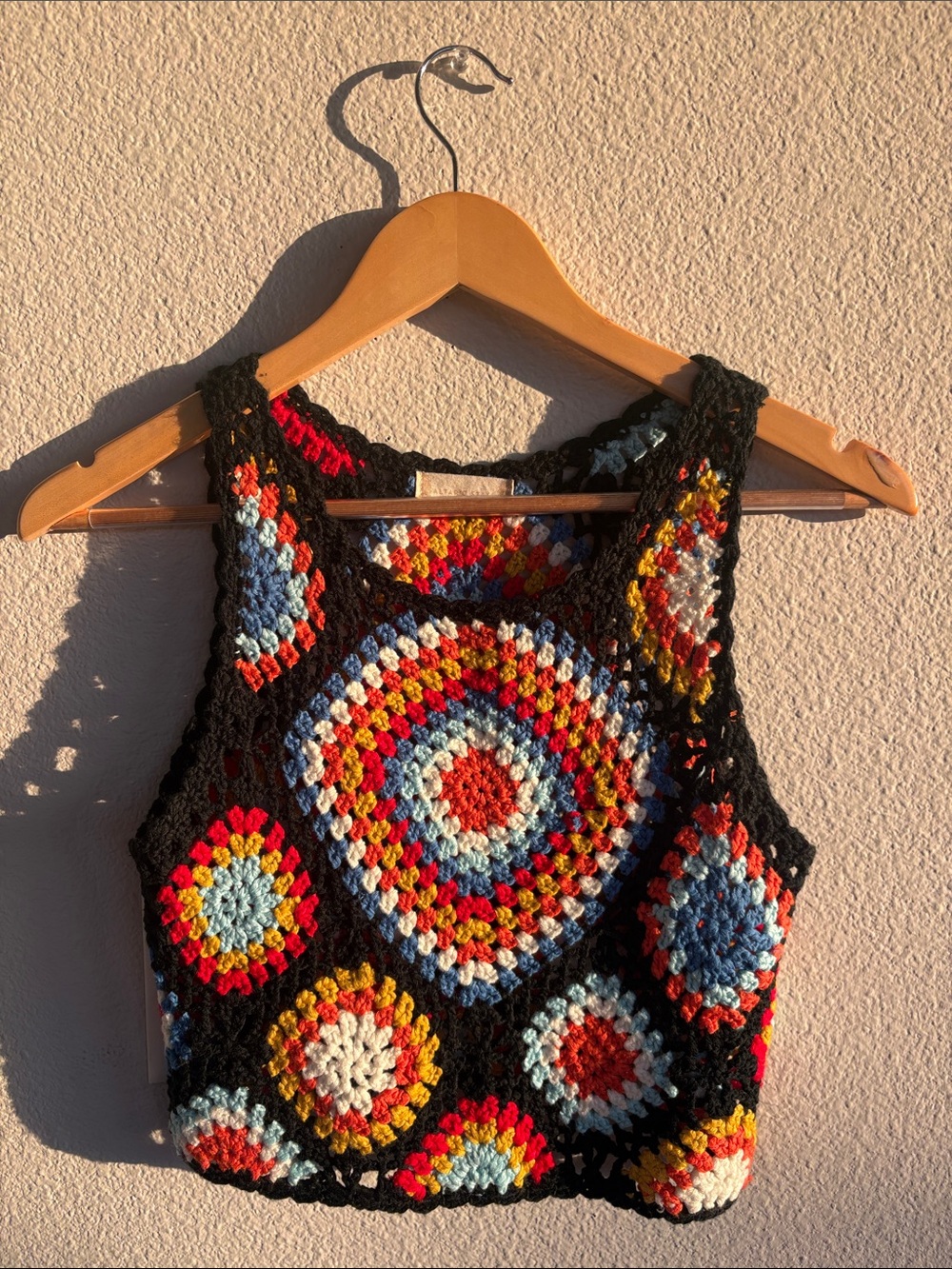 Altar'd State Black Crochet Multicolor Granny Square Crop Tank